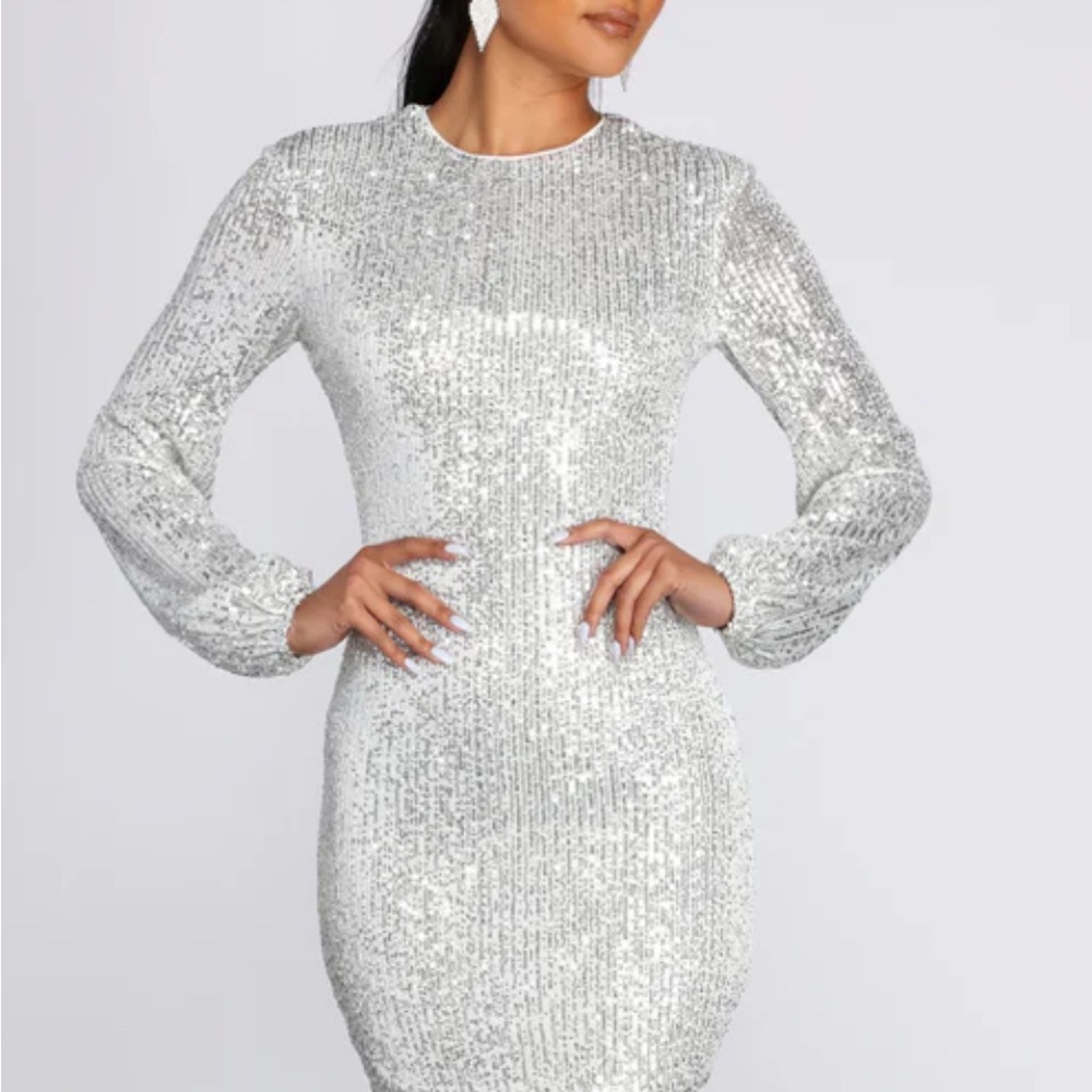 Silver Sequin Long Sleeve Dress